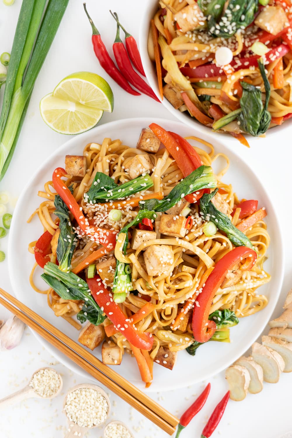 Top view of a view plate with vegan stir-fried noodles with tofu