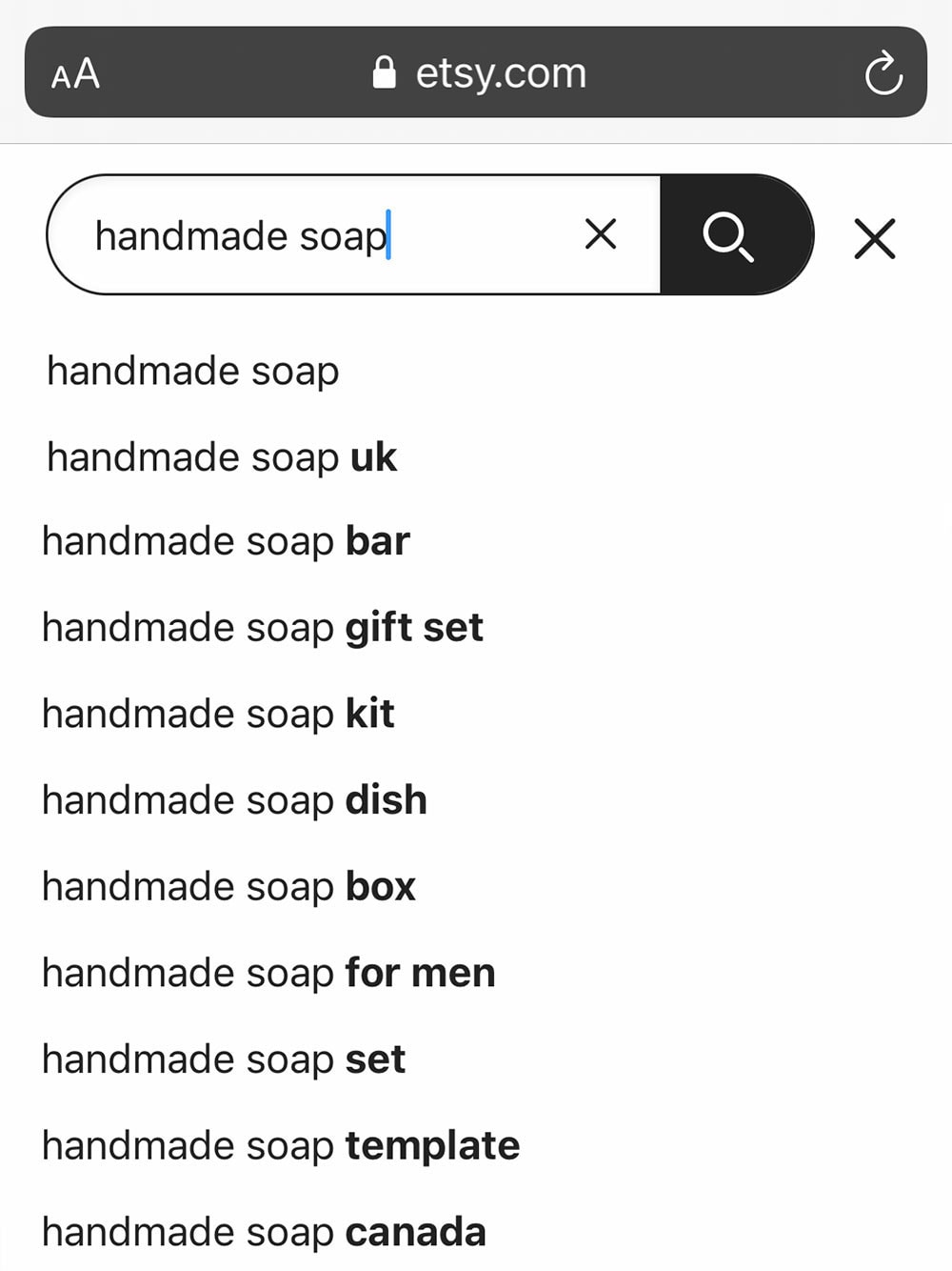 Example of keywords that appear while searching on etsy
