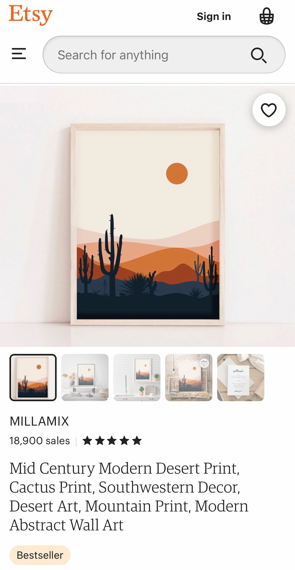 Screenshot of Etsy product: a mid century modern desert print