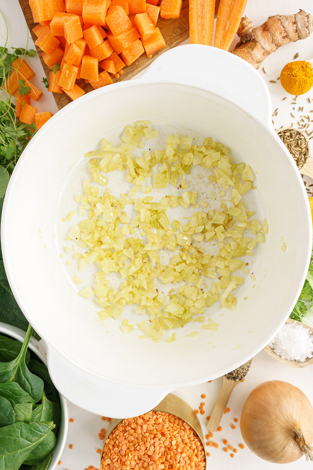 Overhead shot of white pot with onion and garlic