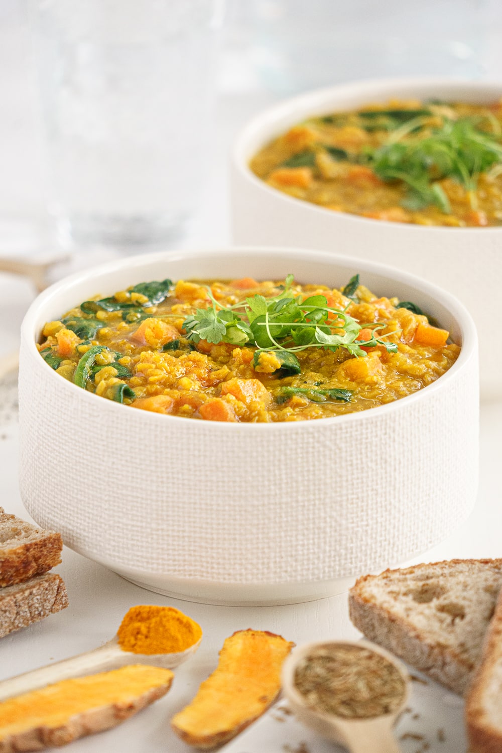 white bowl filled with red lenti soup
