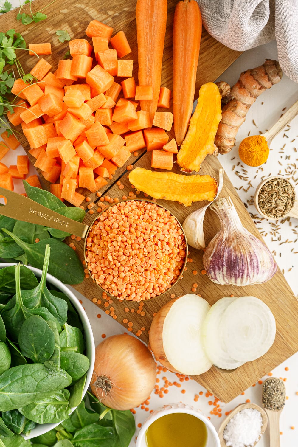 Top view of red lentil soup ingredients 