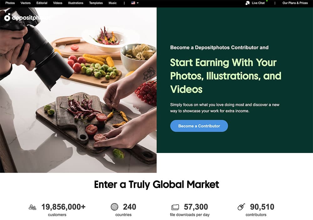 Screenshot of Depositphotos homepage: one of the best places to sell photos online