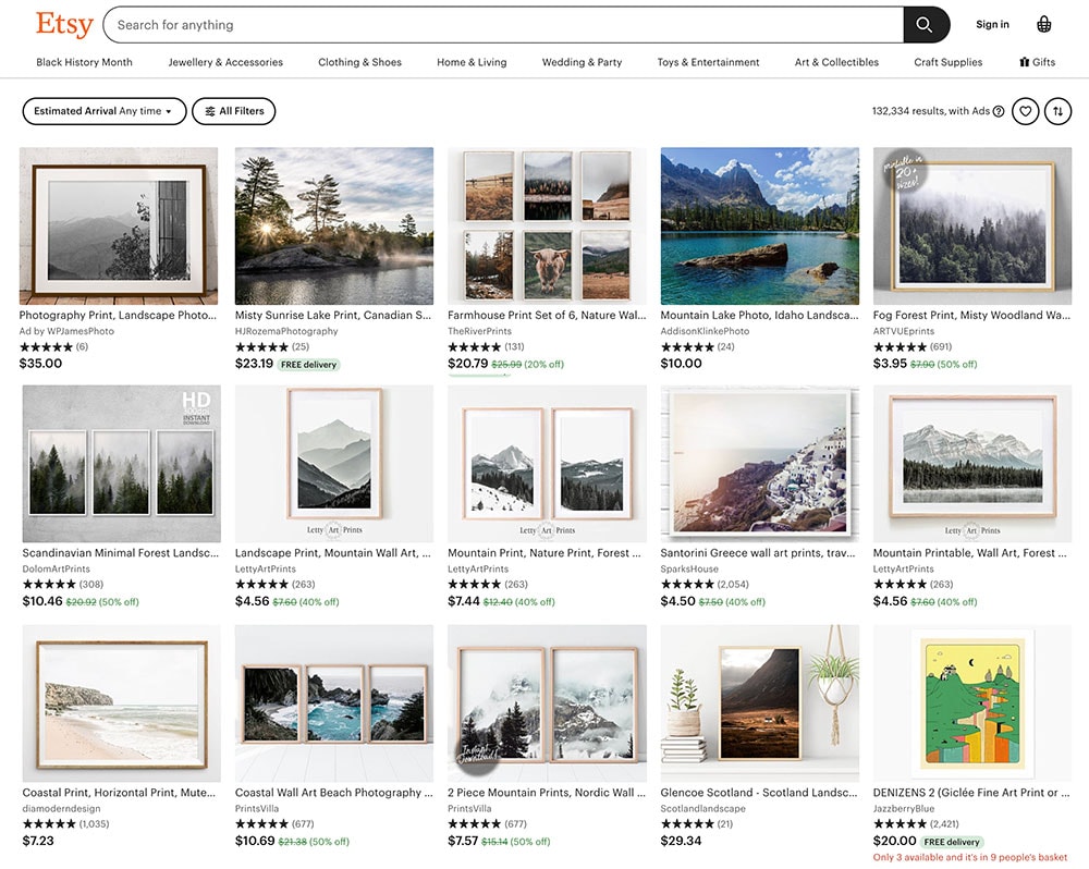 Screenshot of Etsy homepage