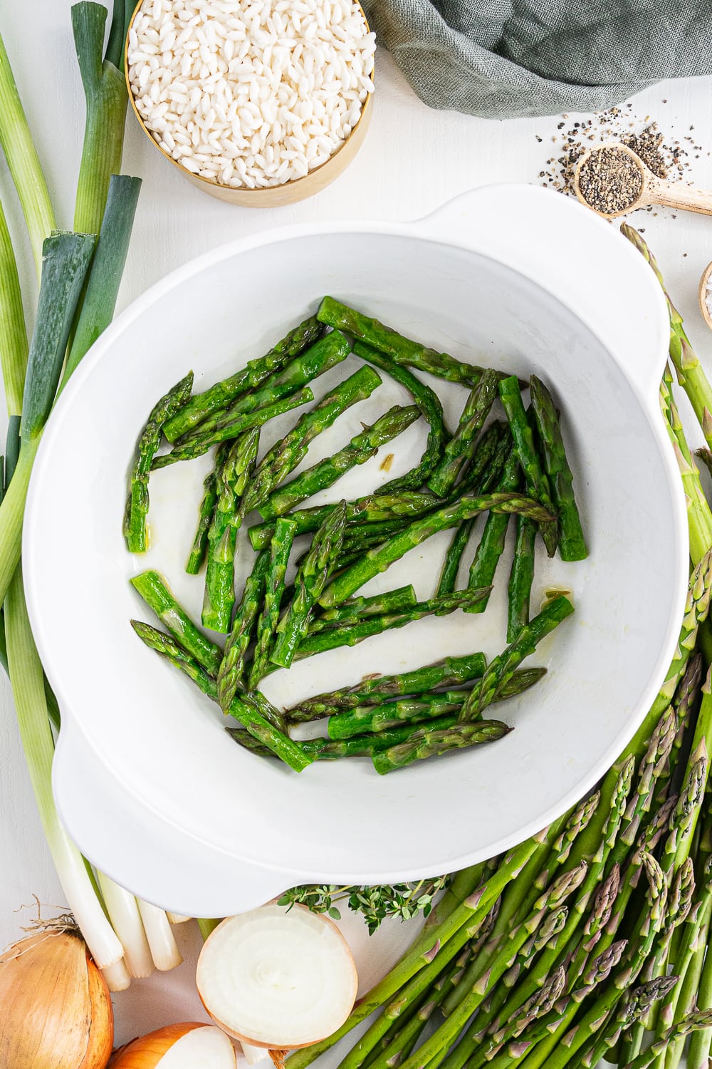 Close up of pot with asparagus tips cooking