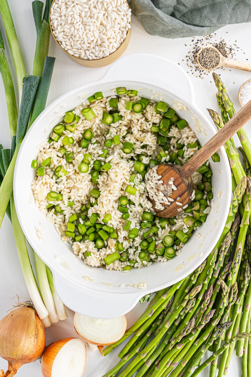 Rice with asparagus cooking