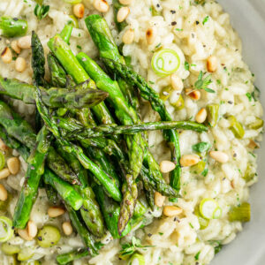 Close up of creamy vegan asparagus risotto