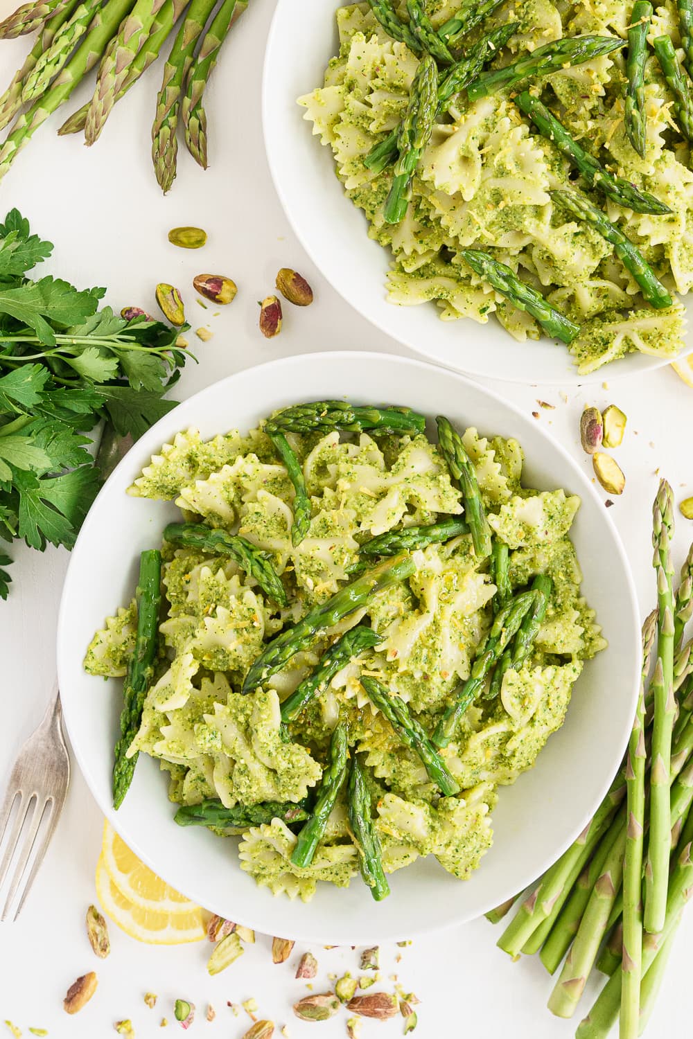 Plate filled with asparagus pesto pasta