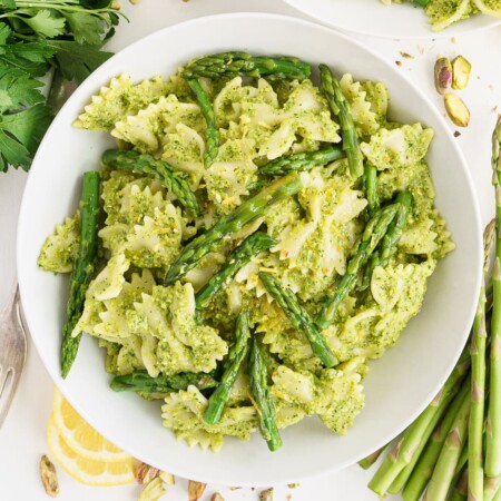 Top view of plate full of asparagus pesto pasta
