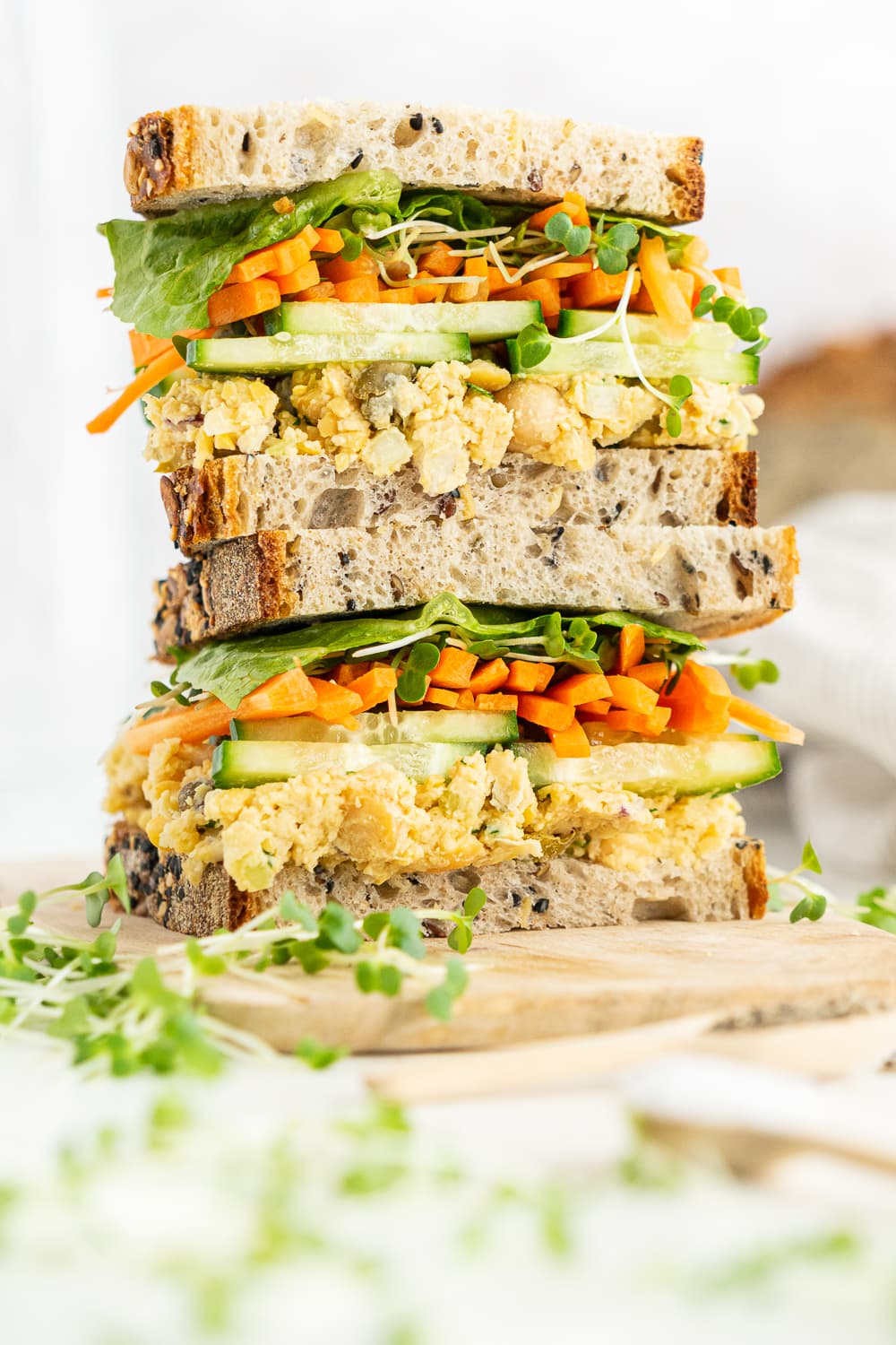 close up of chickpea salad sandwich