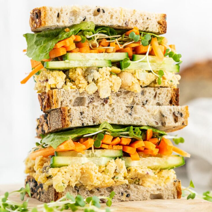 close up of chickpea salad sandwich