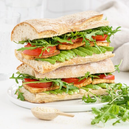 close up of smoke tofu sandwich