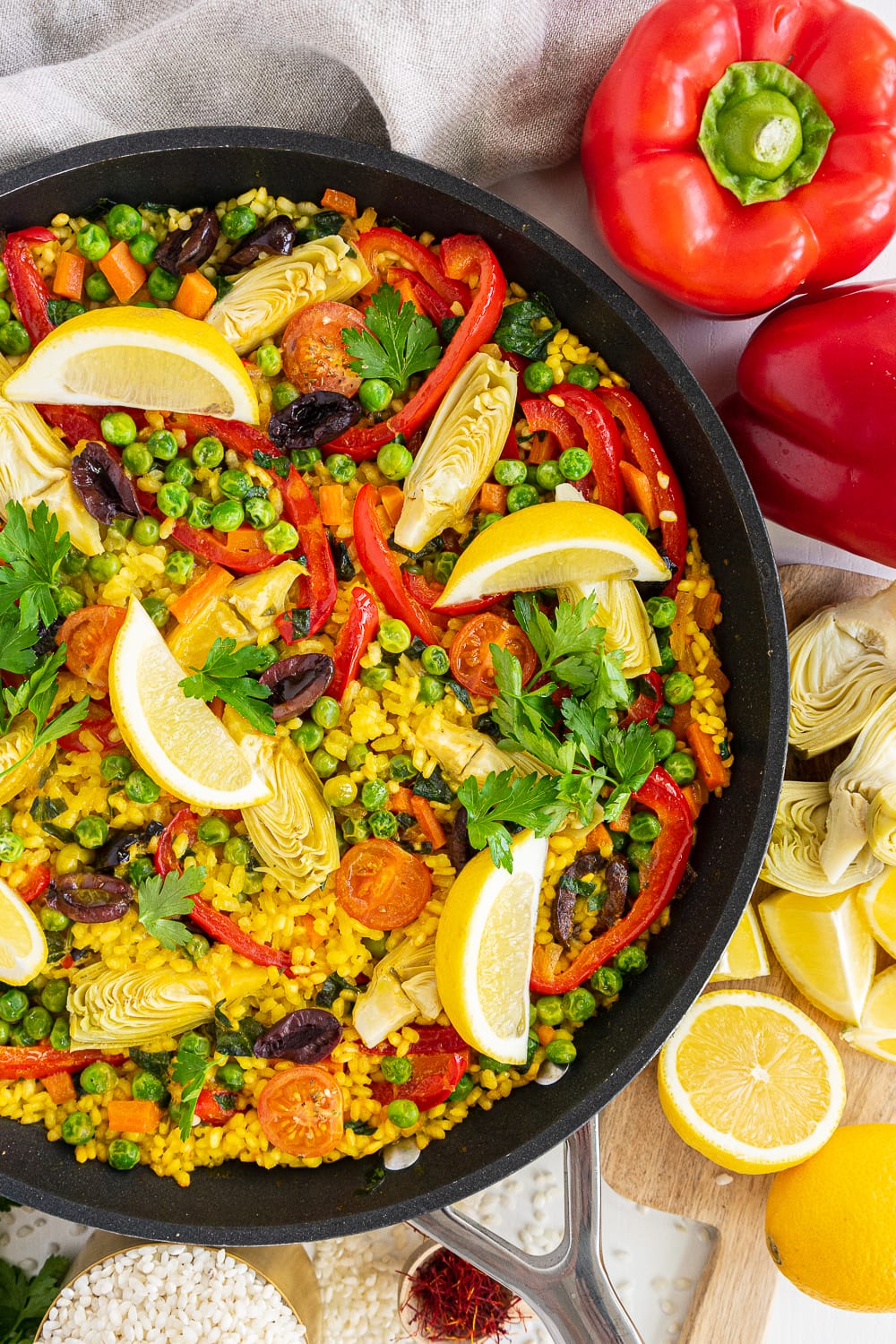 Top view of a pan with vegetable paella