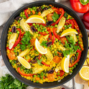Vegetarian paella in a pan