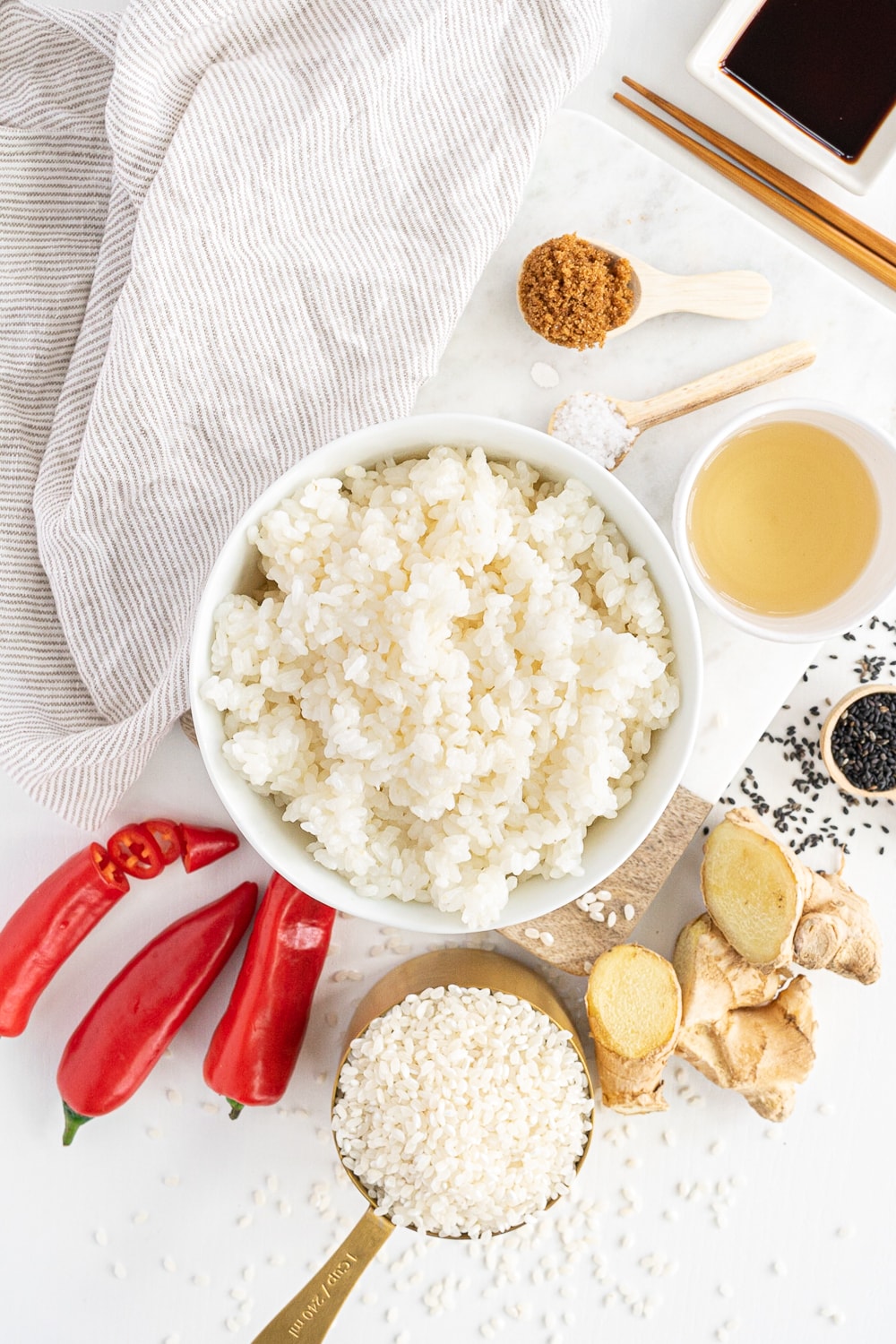 Top view of cooked sushi rice