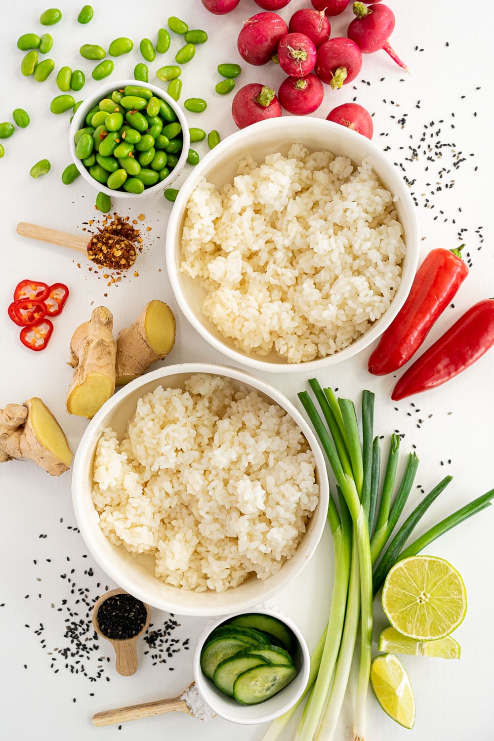 Assembling the tofu bowl: adding rice