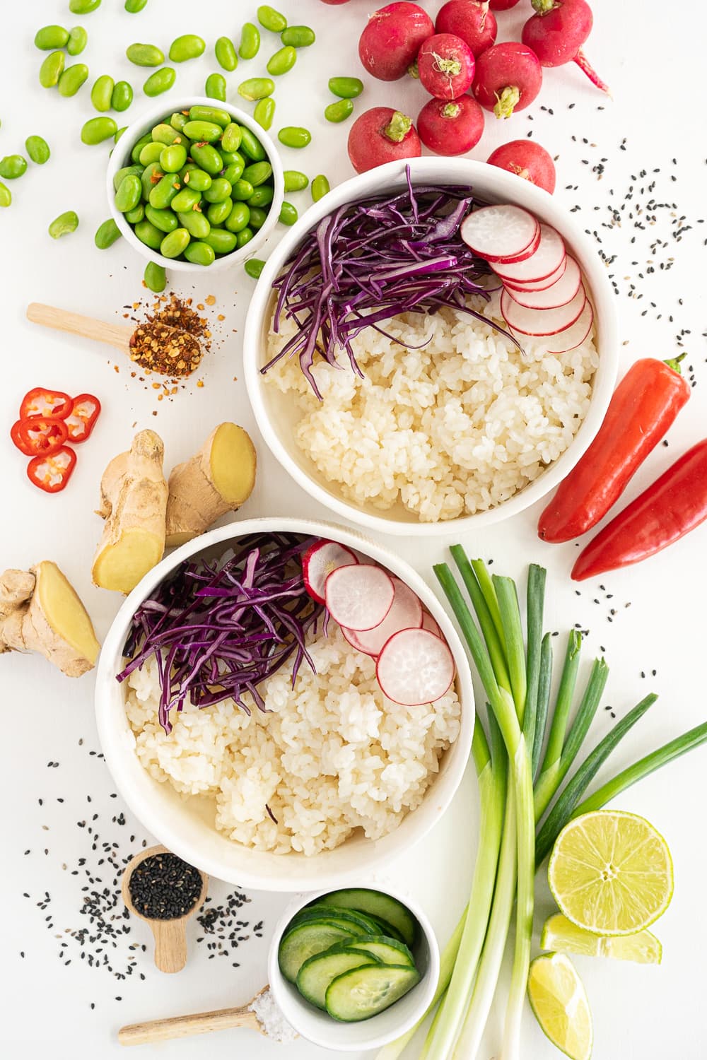 Assembling the tofu bowl: adding red cabbage and radishes