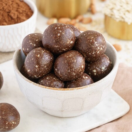 Bowl filled with no bake peanut butter balls