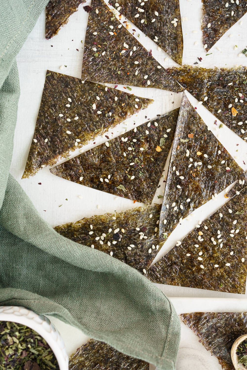 close up of nori chips topped with sesame seeds