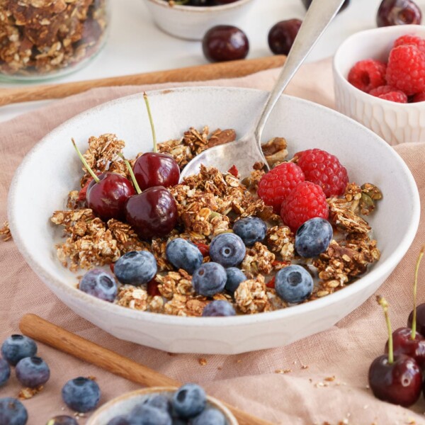 Bowl filled with oil-free granola and fruit