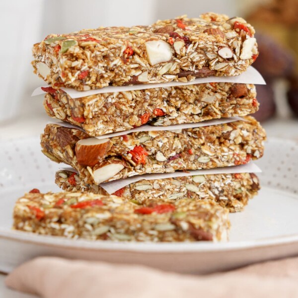 Vegan granola bars piled on top of each other