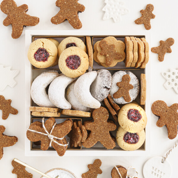 Christmas cookie box filled with healthy Christmas cookies