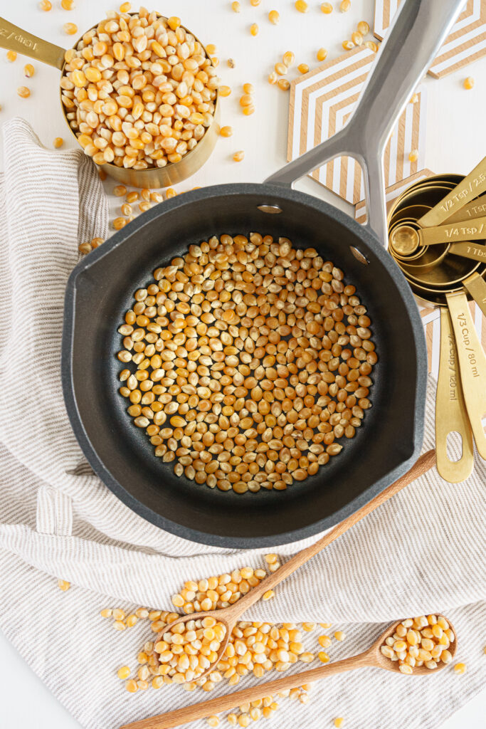 Popcorn kernels in a nonstick pot