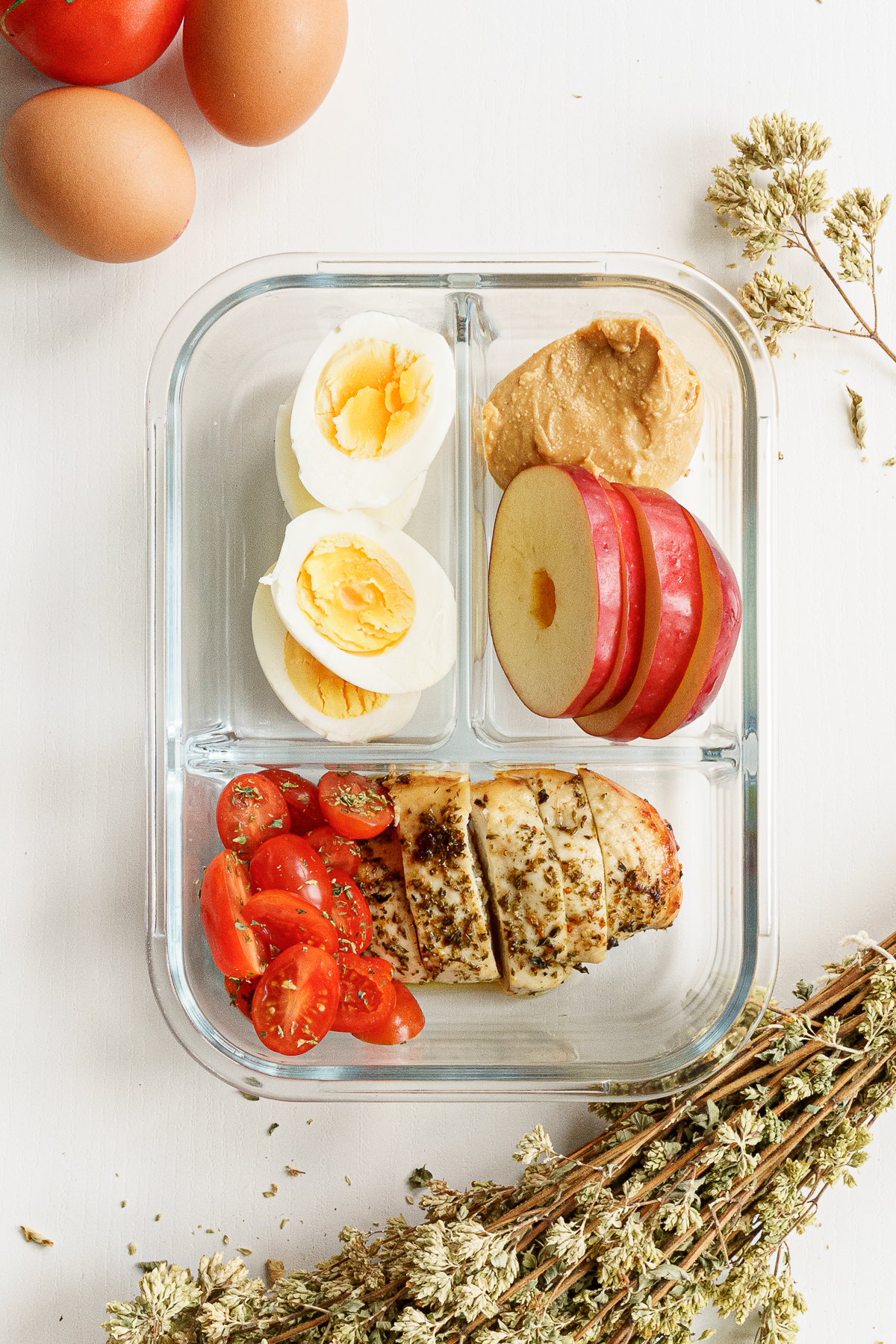 Top view of Protein Packed Lunch box idea in a glass container