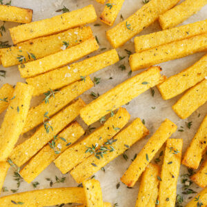baked polenta fries on a baking tray