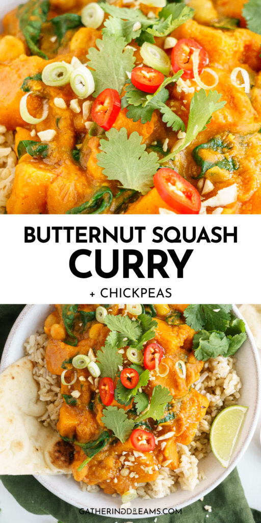 Pin for pinterest graphic of butternut squash curry.