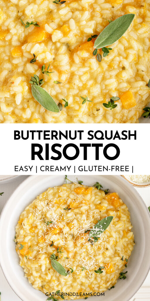 Pin for pinterest graphic with images of butternut squash risotto.