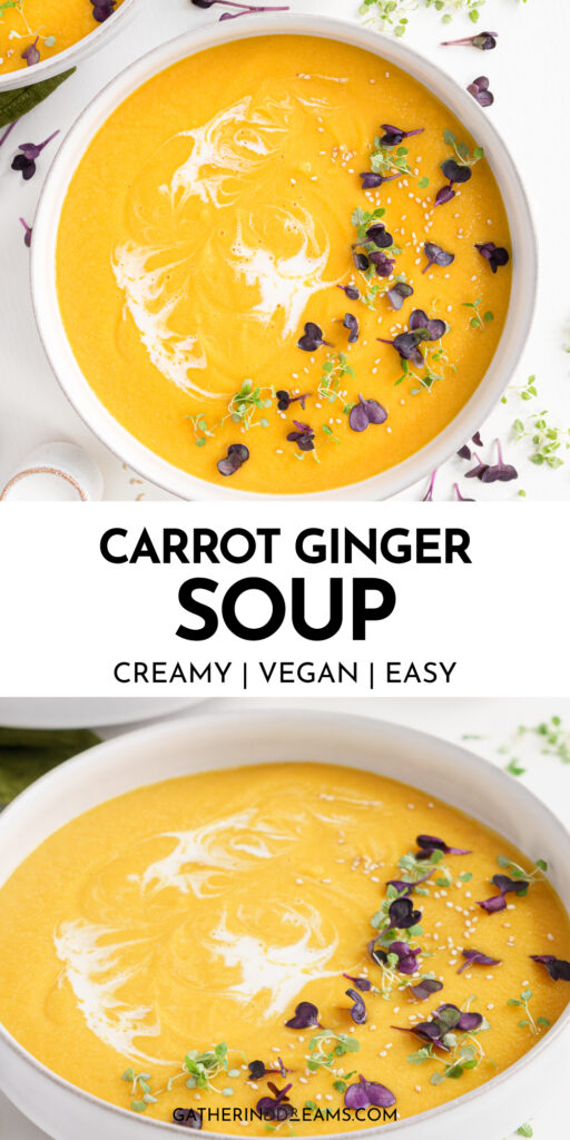 Pin for pinterest graphic for vegan carrot ginger soup.