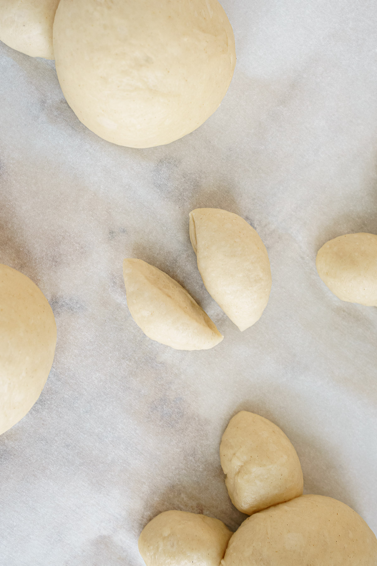 Dough ball cut in half to make ears.