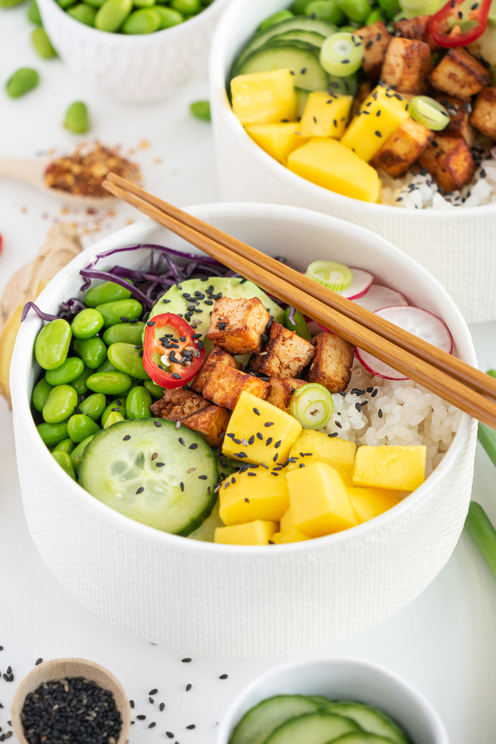 Close up of a vegan poke bowl
