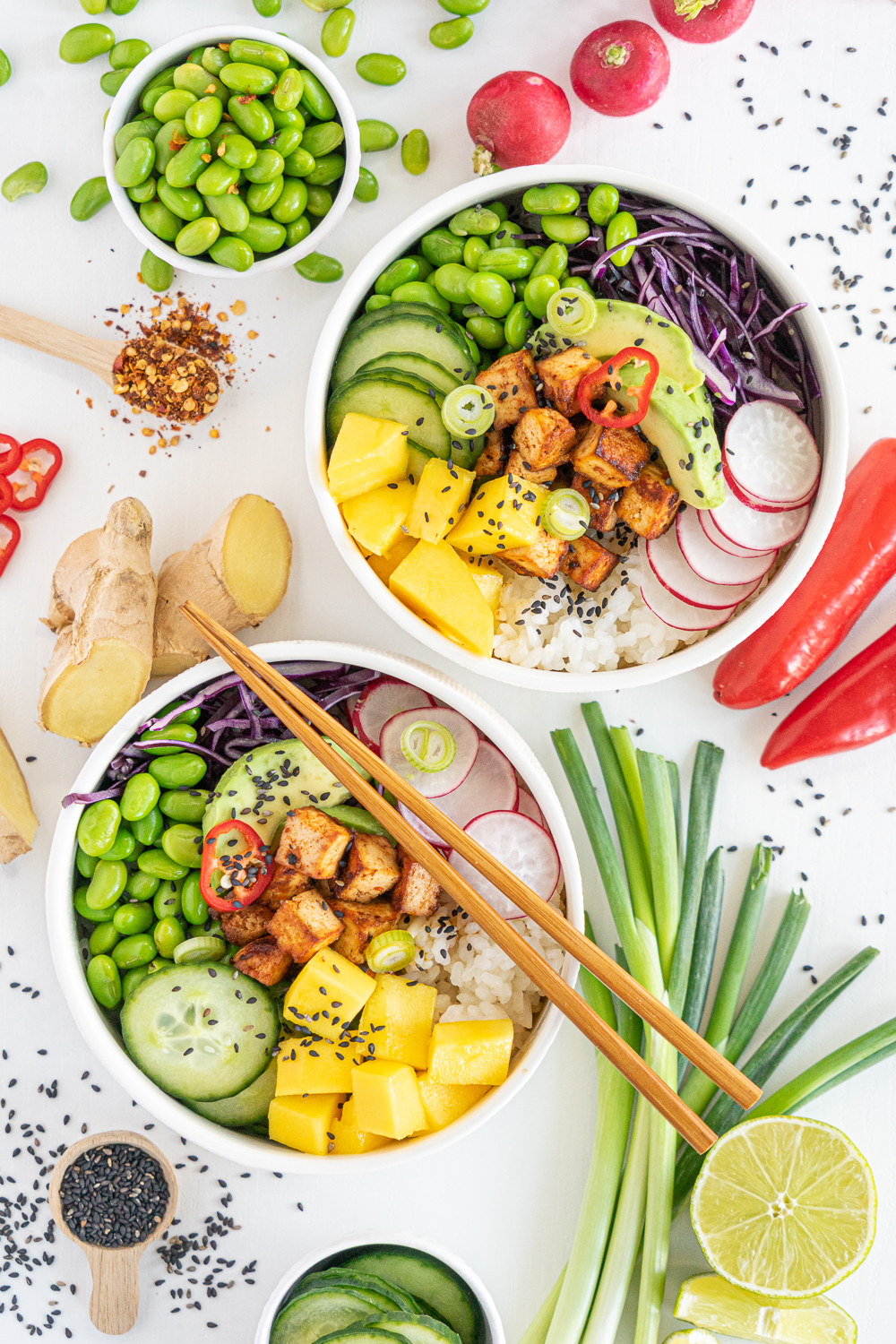 Top view of 2 vegan tofu poke bowls