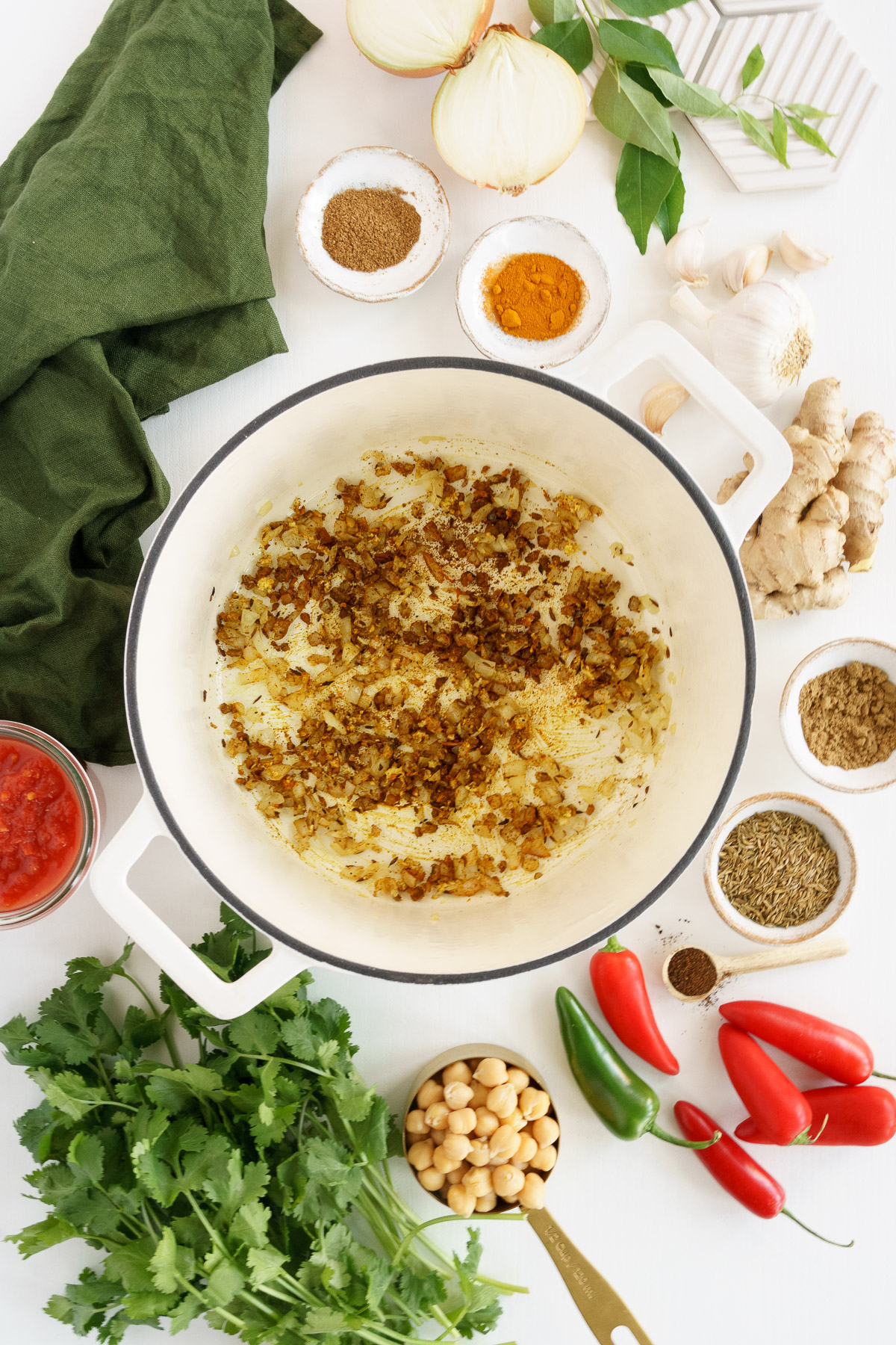 Adding the spices to the pot to cook and release their flavors.