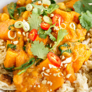 Close up of butternut squash curry served.