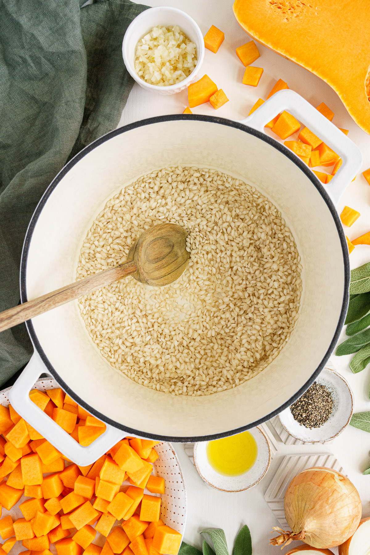 Toasting the arborio rice for risotto.