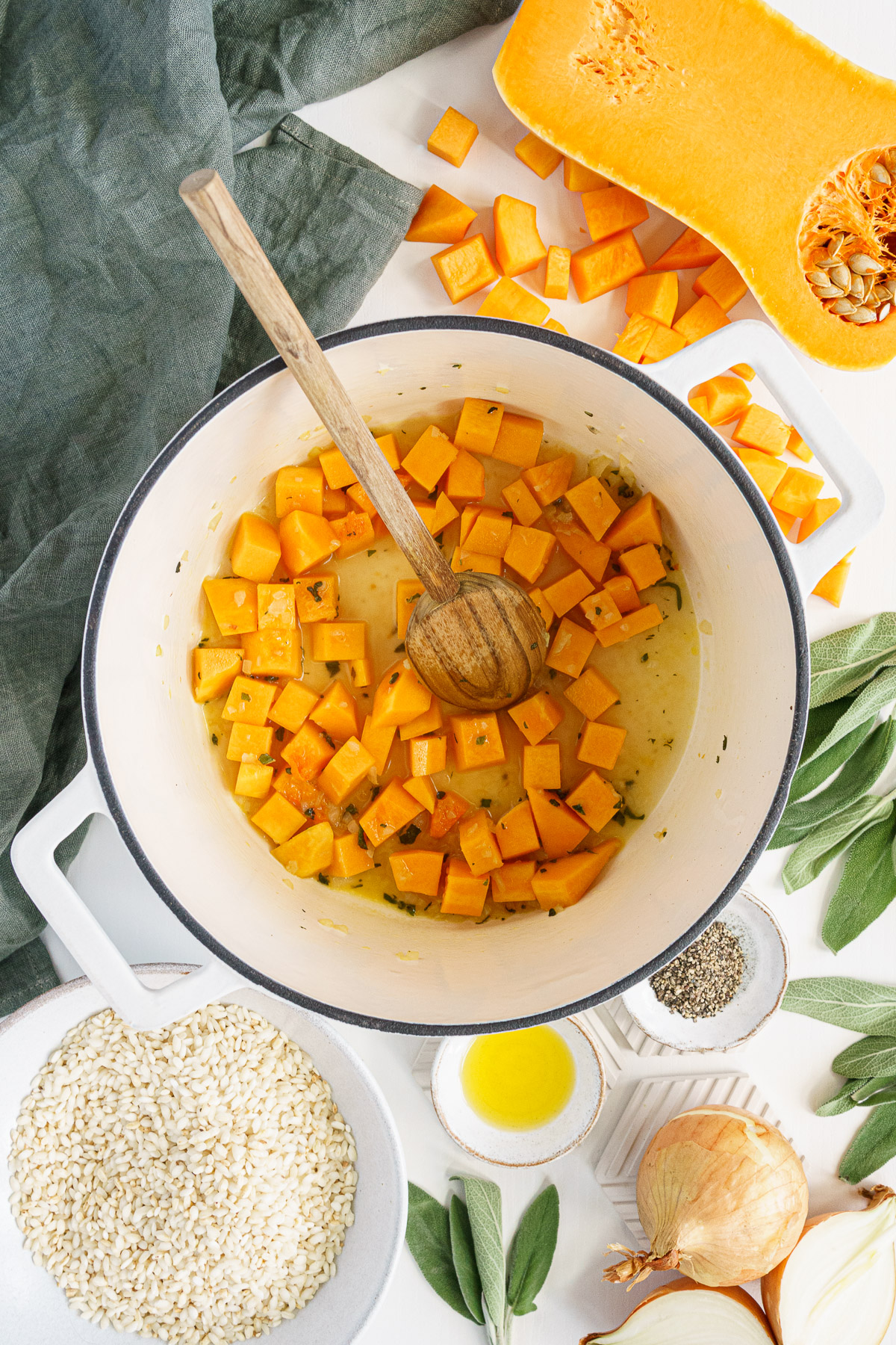 Butternut squash cooked in the pot for risotto.
