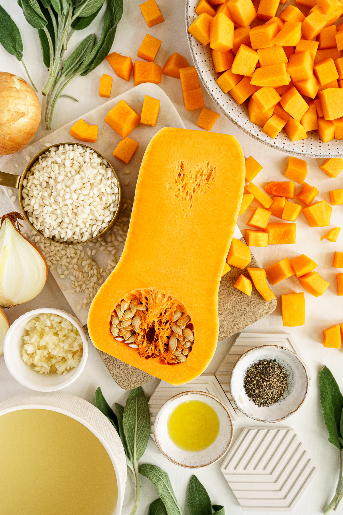 Ingredients to make butternut squash risotto on the table.