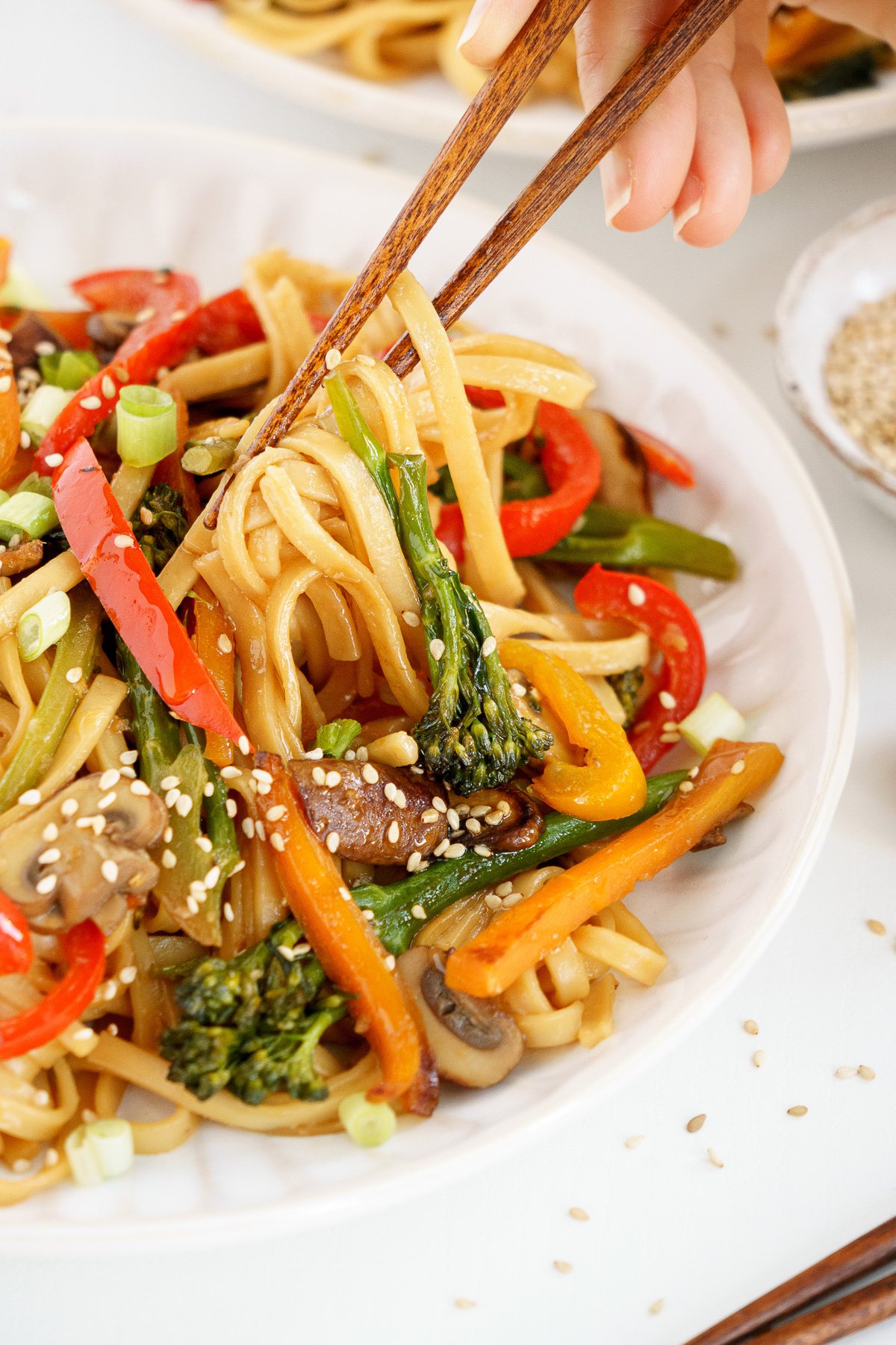 Chopsticks digging into a bowl of vegetable stir fry noodles.