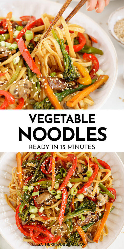 Pin for pinterest graphic with images of vegetable noodles and text.