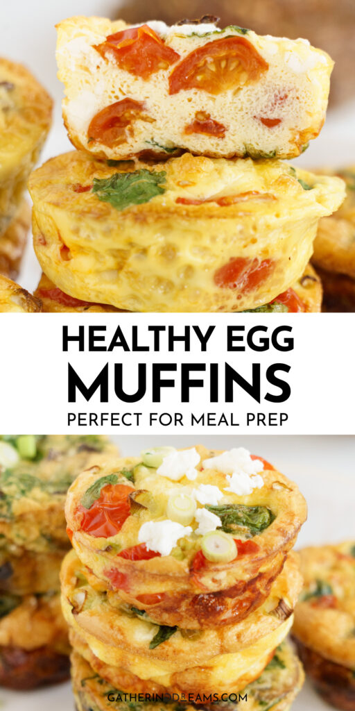 Pin for pinterest graphic for healthy egg muffins with images and text.