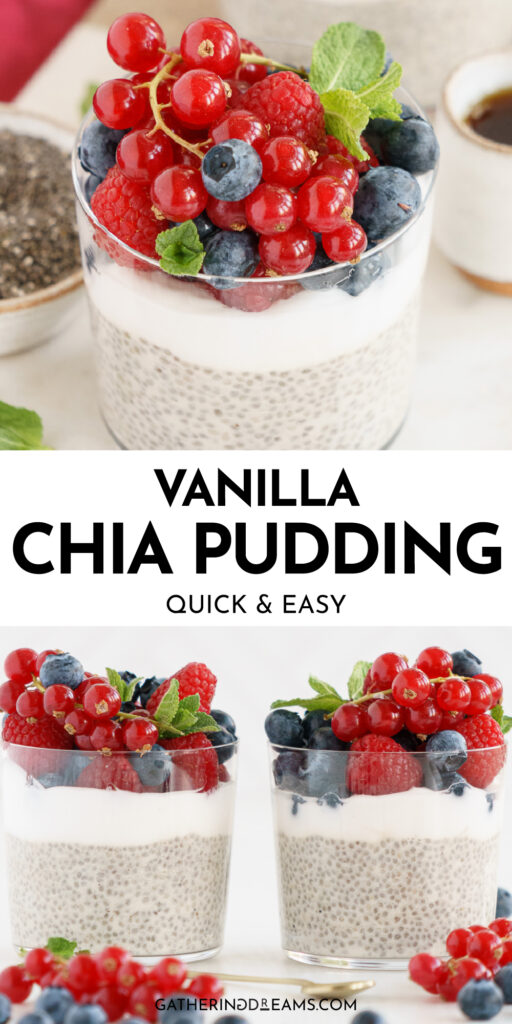 Pin for pinterest graphic with images of chia pudding and text "vanilla chia pudding".