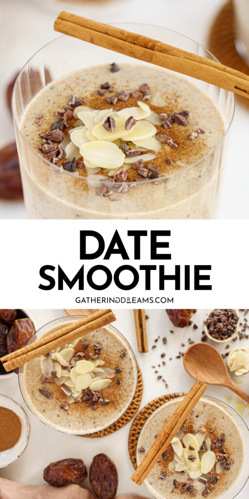Pin for pinterest graphic with date smoothie images and text on top.