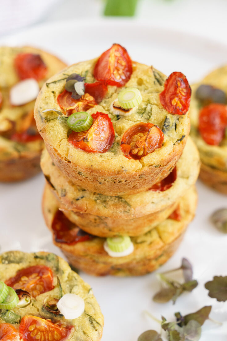 Close up of 3 vegan egg muffins stacked on each other