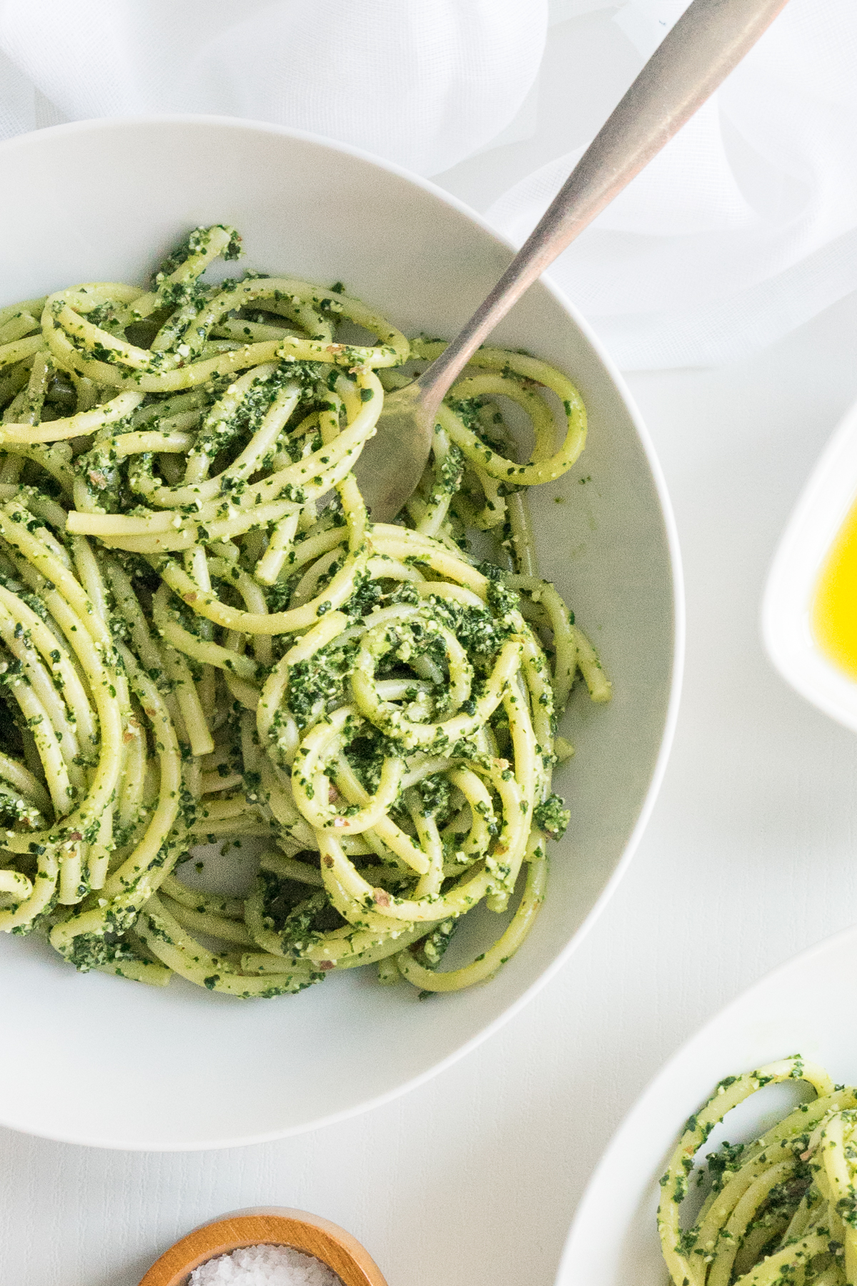 Tuscan kale pesto pasta in a plate
