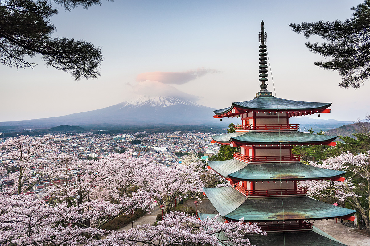 Fujiyoshida with Mt. Fuji and Chureito Pagoda during cherry blossom season