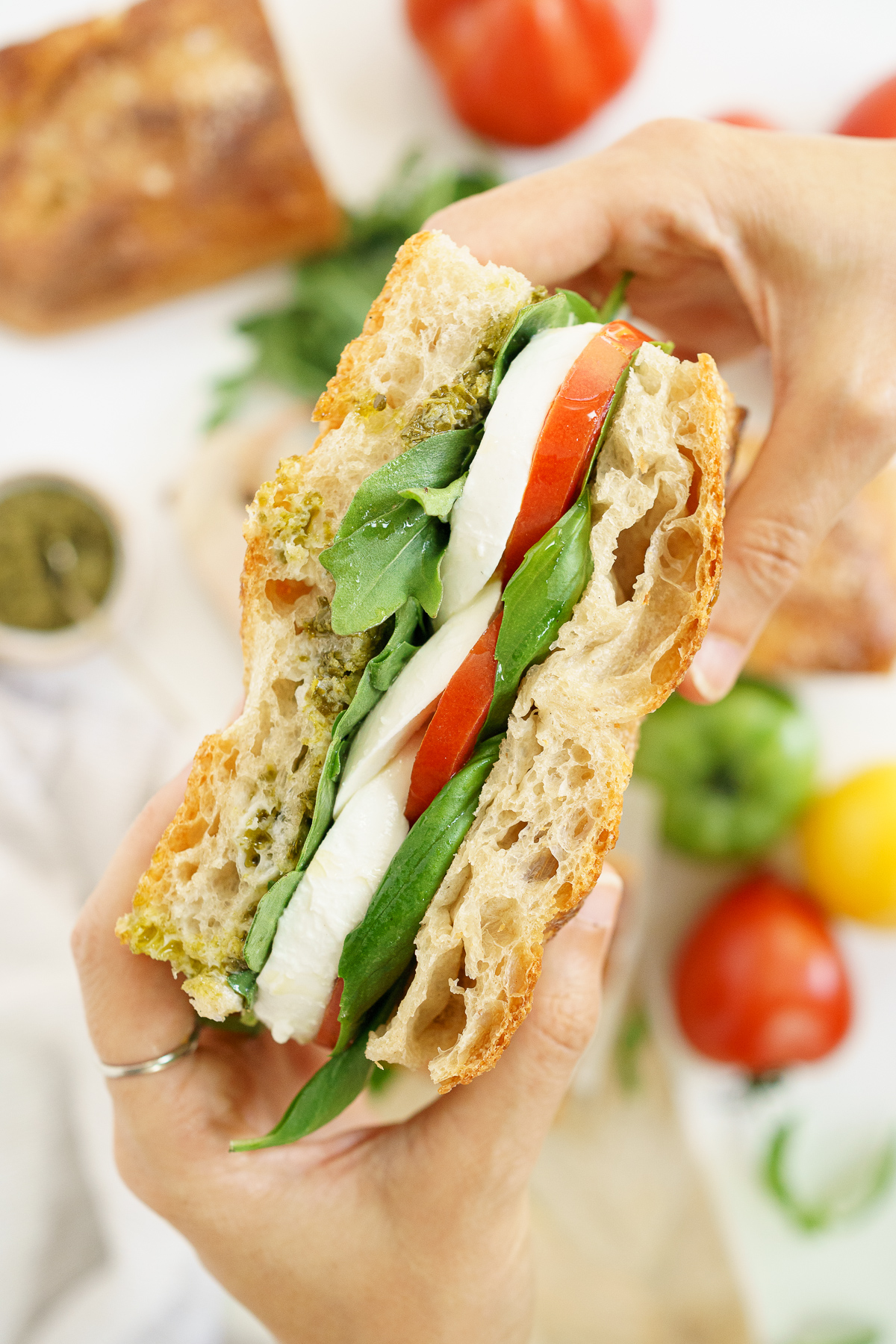 Hands holding onto a caprese sandwich to eat.