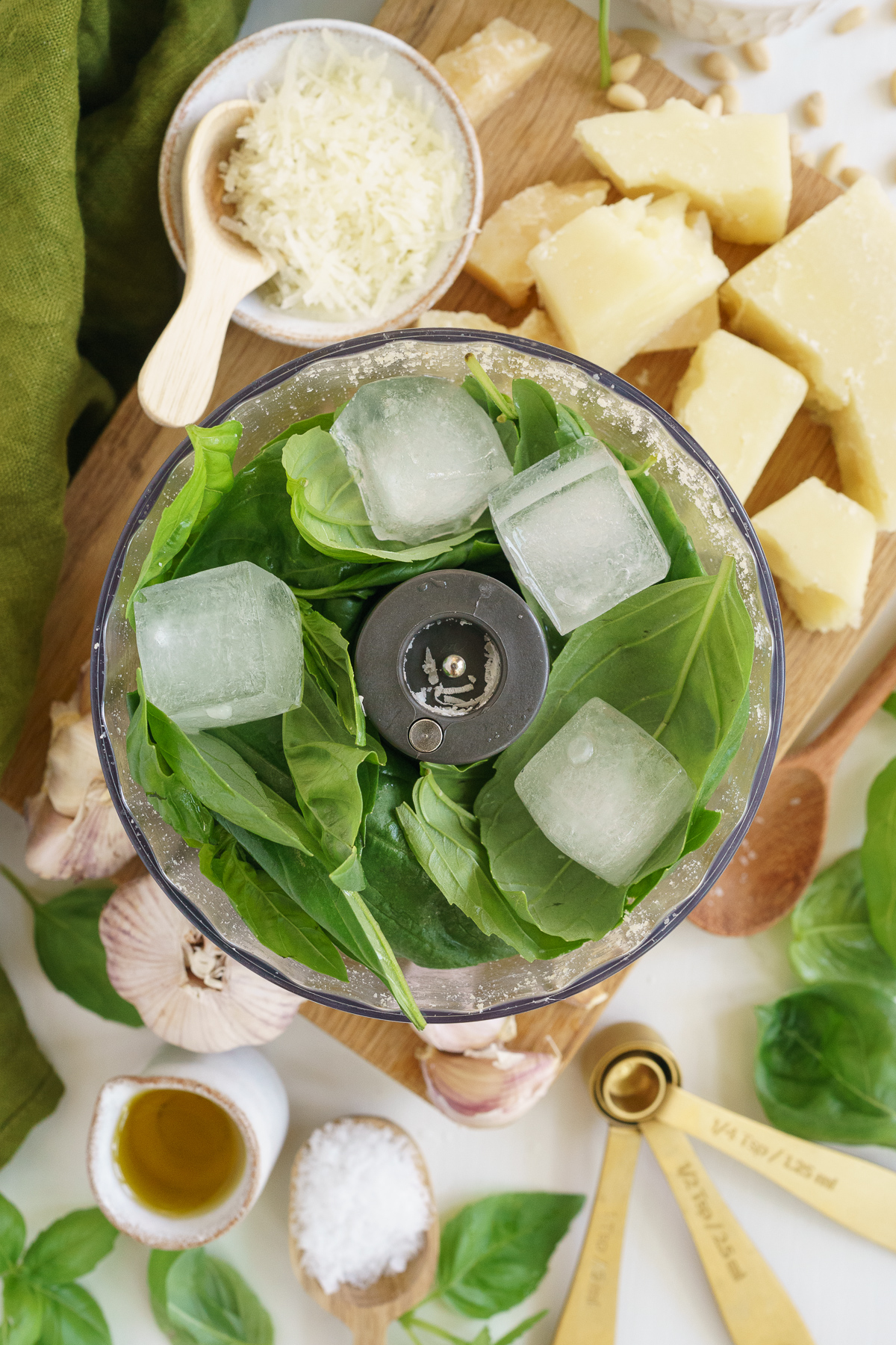 Ice cubes added to the pesto.